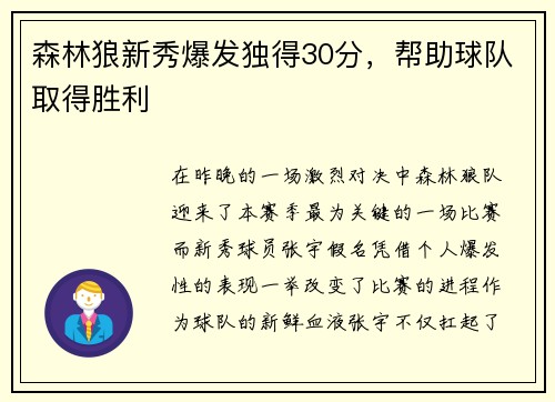 森林狼新秀爆发独得30分，帮助球队取得胜利