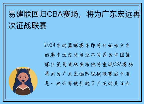 易建联回归CBA赛场，将为广东宏远再次征战联赛