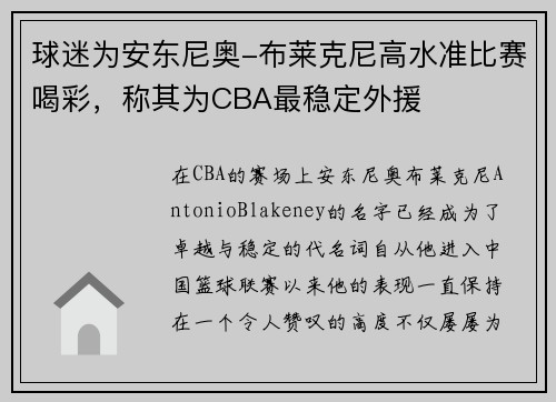 球迷为安东尼奥-布莱克尼高水准比赛喝彩，称其为CBA最稳定外援